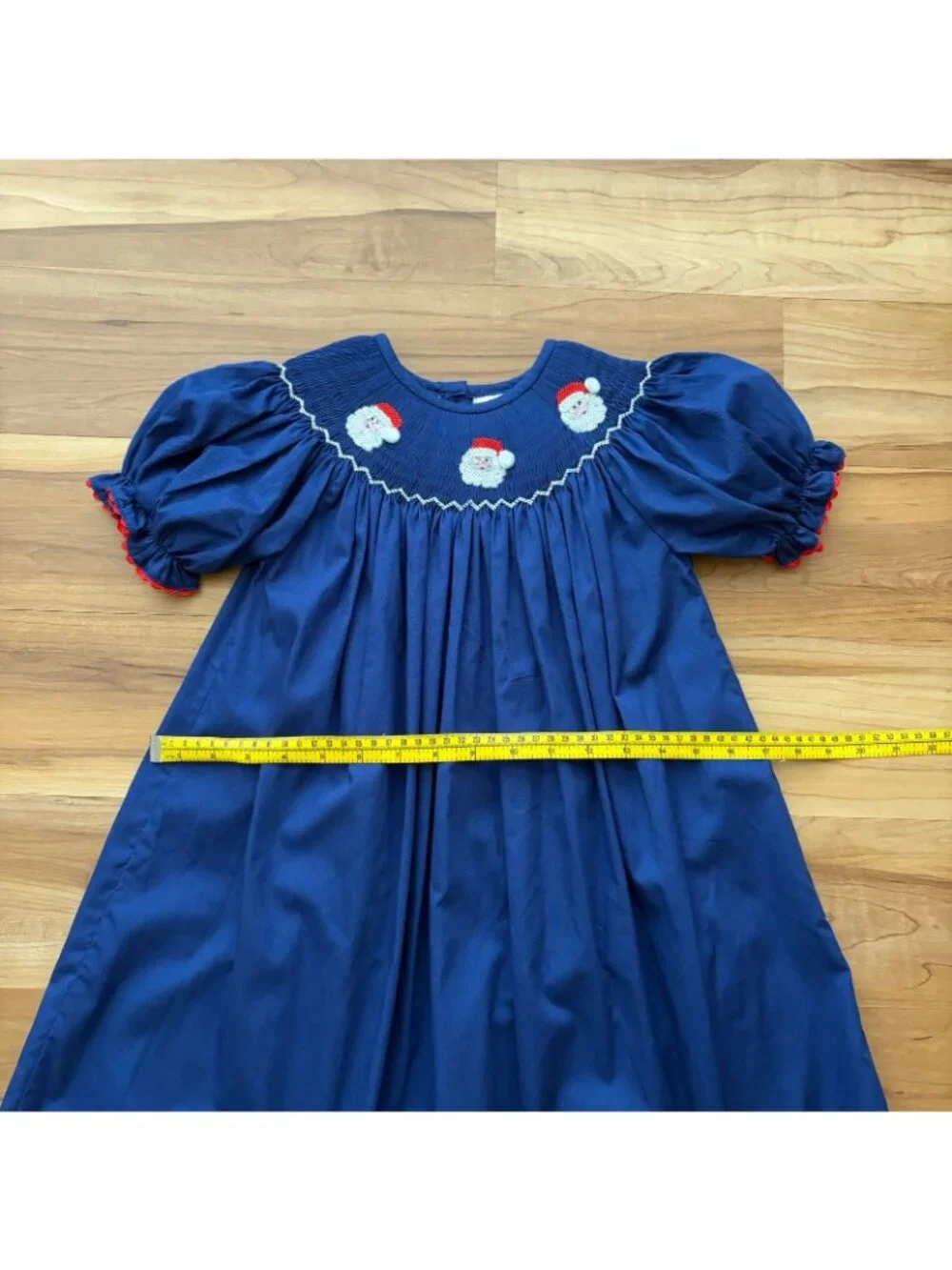 The Smocking Place Girls Size 4 Blue Santa Pleated Embroidered Holiday Dress